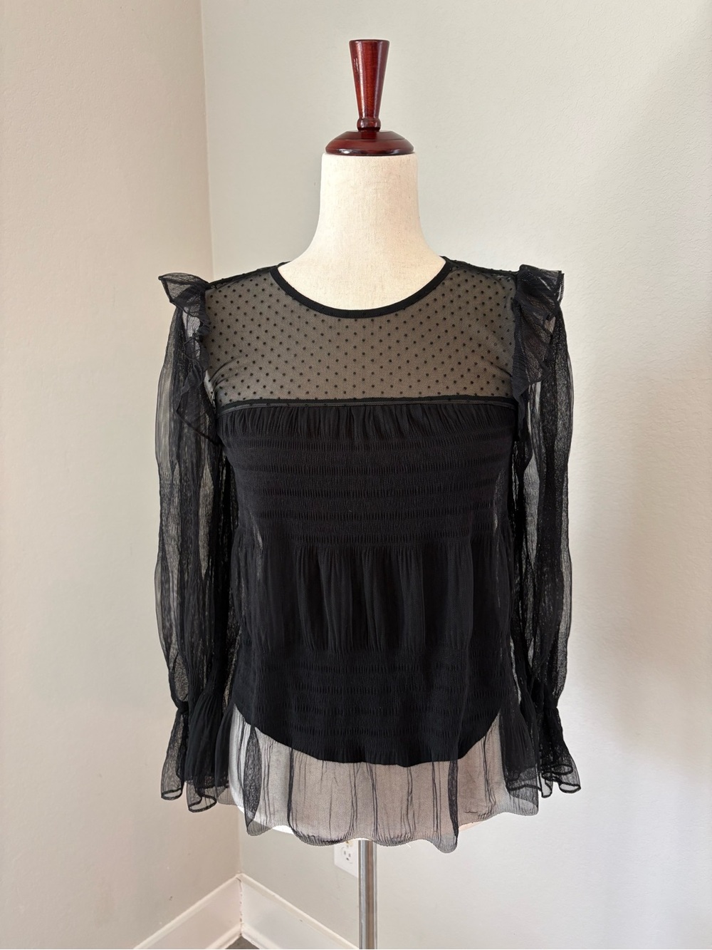 Maje Black Sheer Dot Long Sleeve Overlay Girls Date Night Top Ruffle Small - Picture 2 of 9